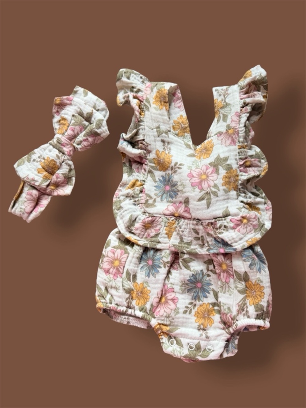 chick pea Floral Ruffle Baby One-Piece Romper in Pink, Yellow, Blue